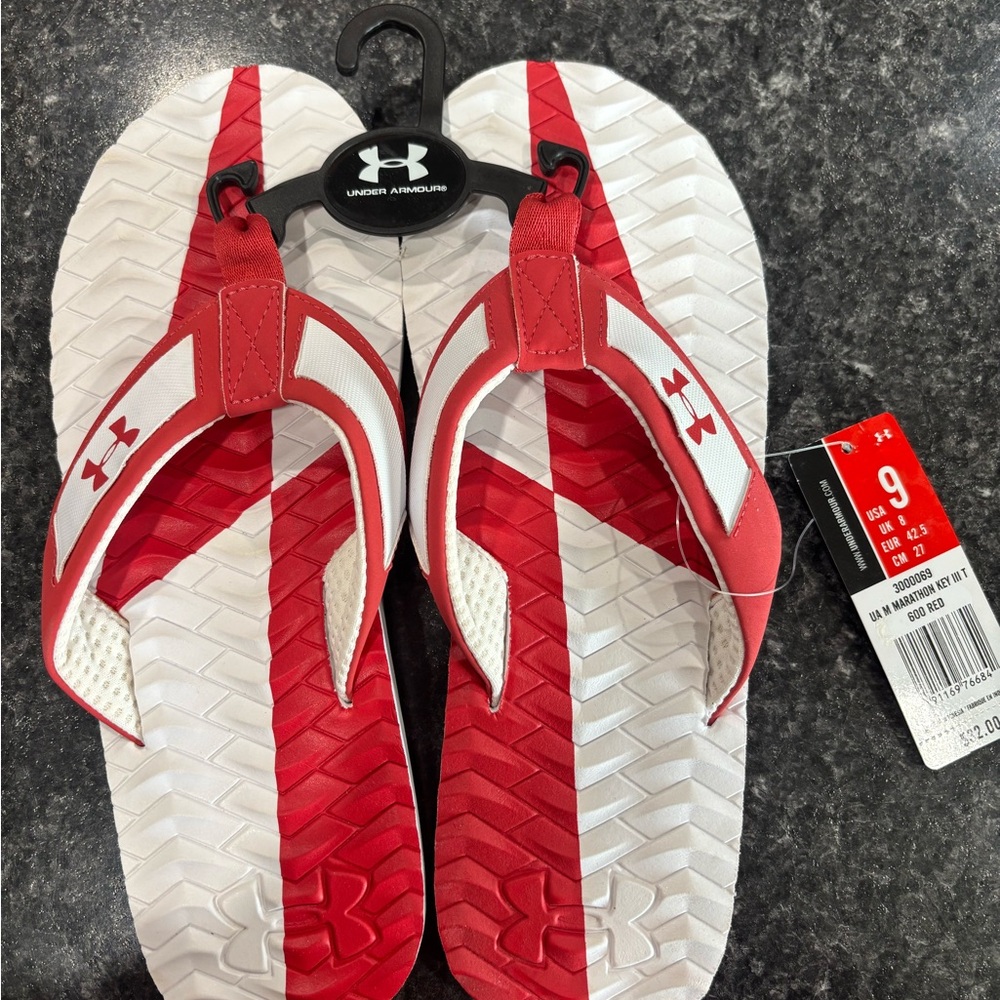 Under Armour Red and White Flip Flops